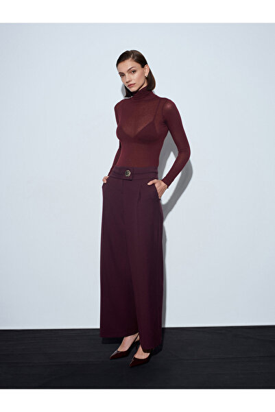 Dilvin 72244 Gold Button Wide Leg Trousers-Burgundy