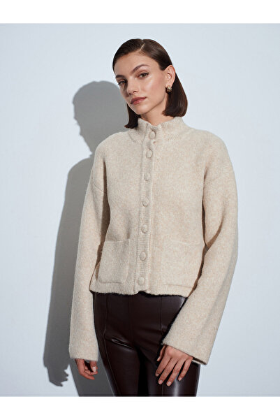 Dilvin 60995 Mock Neck Button Knitwear Cardigan-A.Beige Mel.