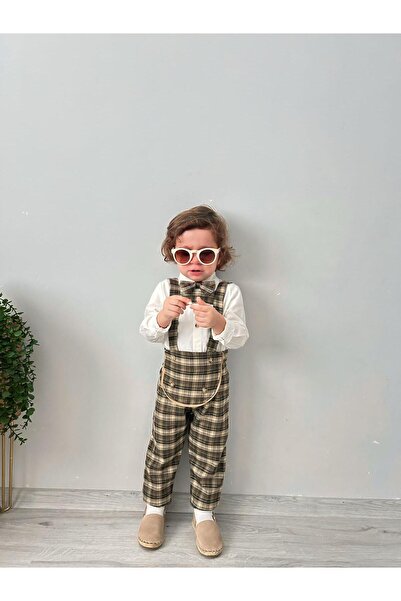 favorimkids White Shirt Plaid Salopet Shirt Bow Tie 3-Piece Set Cool Set