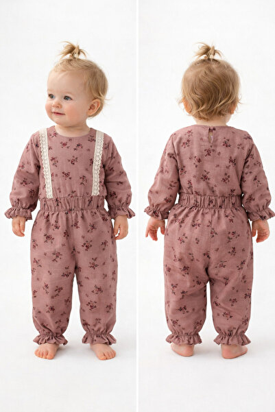 Babyhola Dantel Detaylı Çiçek Desenli Müslin Bayramlık Kız Bebek Takım Üst ve...