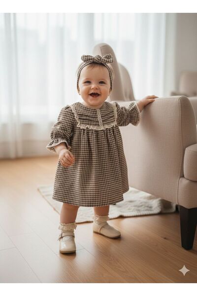 via girsl Dantel detaylı saç bantlı rahat kalıp şık kız bebek elbisesi