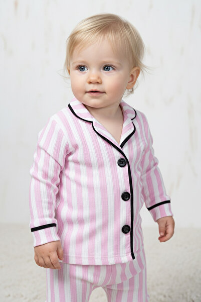 Rocha Baby Rocha Kız Bebek Pembe Beyaz Çizgili Düğmeli 2'li Pijama Takımı - P...