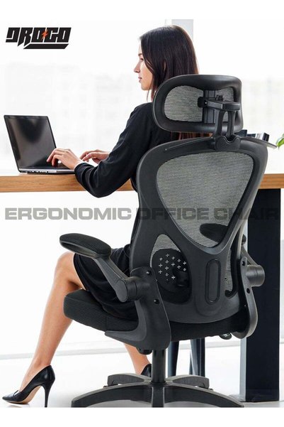 DROGO Ergonomic Office Chair, High Back Mesh Chair with Flip-Up Armrest, Recline & Lumbar Support