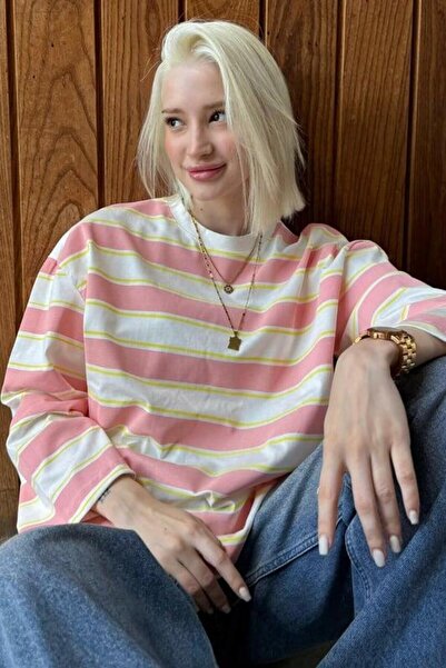 Seeh تي شيرت وردي اللون برقبة دائرية 100% قطن مخطط بأكمام طويلة تي شيرت SH313