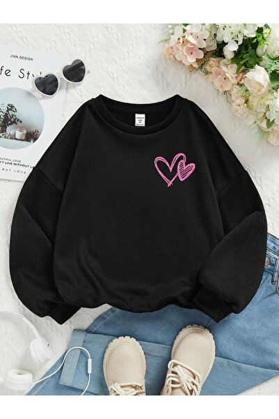Kids Pembe Çift Kalp Baskılı Kız Kışlık Çocuk Sweatshirt Siyah