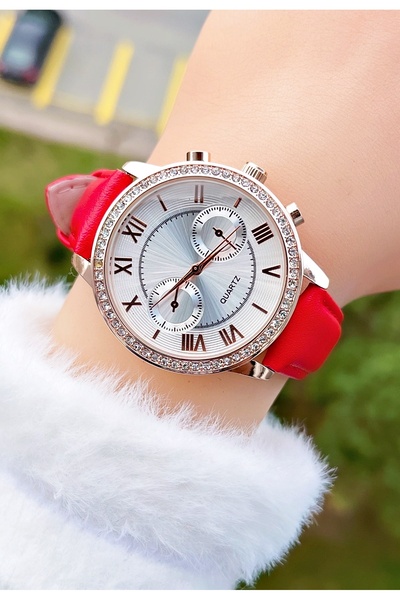 Weluxa Rose Gold Color Case Red Leather Band Women Wristwatch + Watch Box