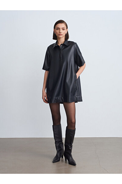 Dilvin 90934 Faux Leather Mini Shirt Dress-Black