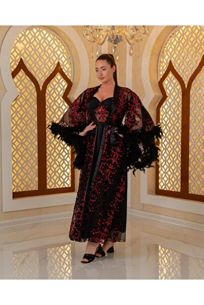 Limas lingerie Special Design Feather, Lace Detail 2-Piece Long Dressing Gown