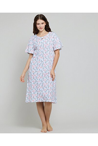 R&B Patterned Nightdress with Crew Neck and Short Sleeves