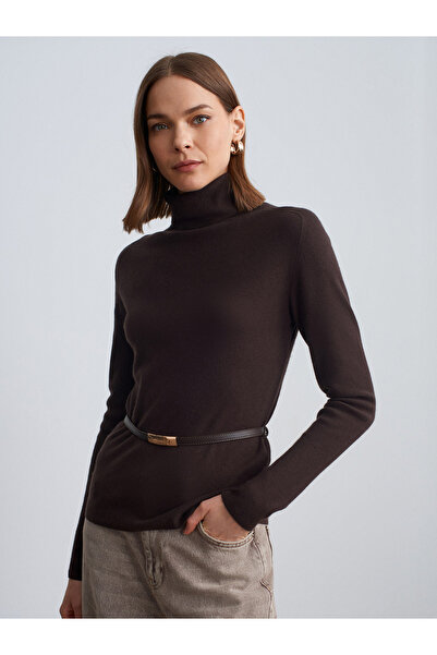 Dilvin 10861 Cashmere Blend Belted Sweater-Dark Brown