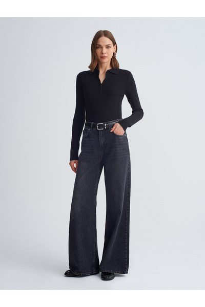 Dilvin 72114 100% Cotton Wide Leg Jean-Black