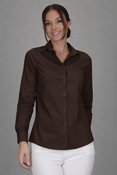 SWEETNESS قميص نسائي كلاسيكي من القطن بأكمام طويلة باللون البني قماش قابل للتمدد