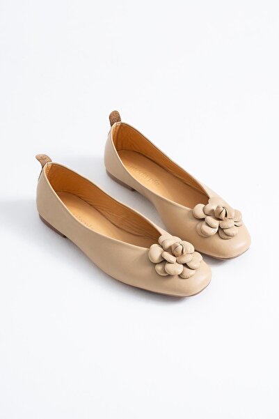 Moda Pie Tenseder Rose Bow Genuine Leather Women's Ballerina Flats Nut Skin