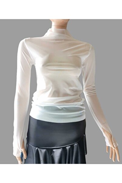 morche Women's Turtleneck Lycra Tulle Blouse with Finger Snap Detail