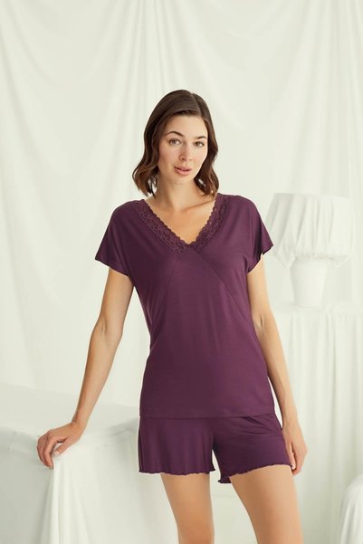 MONAMİSE Kaın, Burgundy, 94% Viscose, 6% Elastane, Short Sleeve Lace V-Neck Shorts Set