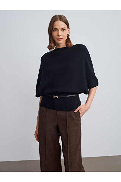 Dilvin 10838 Pulover cu decolteu bateau cu centură din amestec de lână-negru