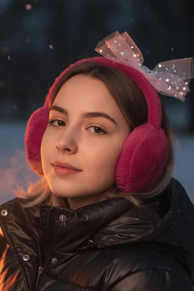 TAKIŞTIR Mürdüm Renk Kurdele Figürlü Peluş Kulaklık