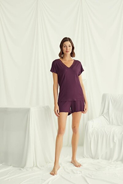 MONAMİSE Kaın, Burgundy, 94% Viscose, 6% Elastane, Short Sleeve Lace V-Neck S...