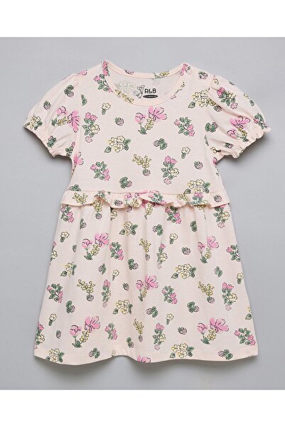 R&B Printed A-Line Dress with Crew Neck and Puff Sleeves