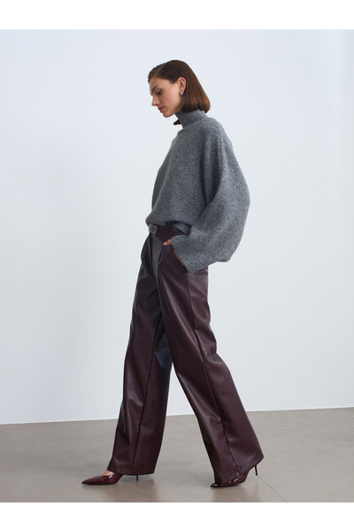 Dilvin 72238 Faux Leather Wide Leg Trousers-Burgundy