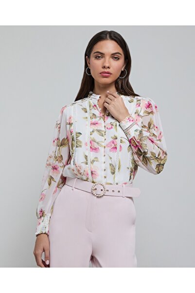 R&B Floral Print Shirt with High Neck and Bishop Sleeves