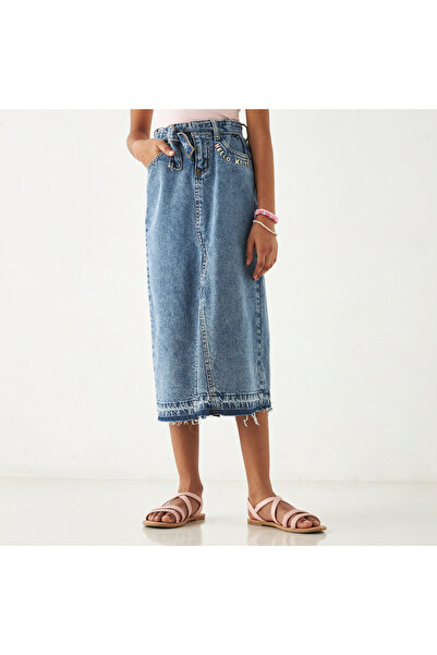 mattel تنورة جينز مطرزة بشخصية هيلو كيتي مع رباط