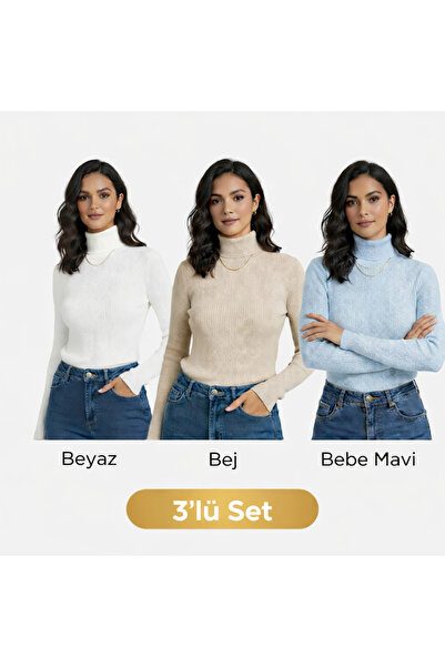 nacar çarşı Kadın Balıkçı Yaka Fitilli Triko Bluz 3’lü Set – Beyaz • Bej • Be...