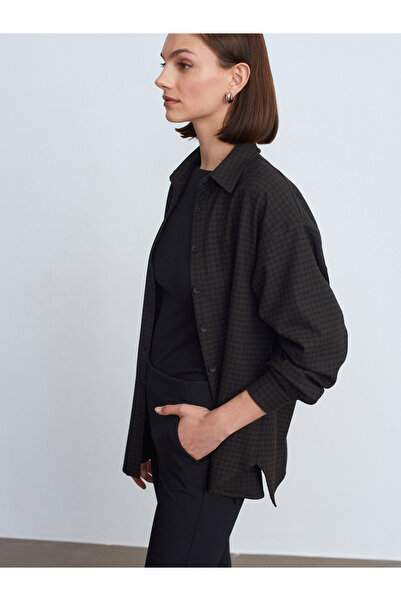 Dilvin 50525 Melange Oversized Shirt-Dark Brown