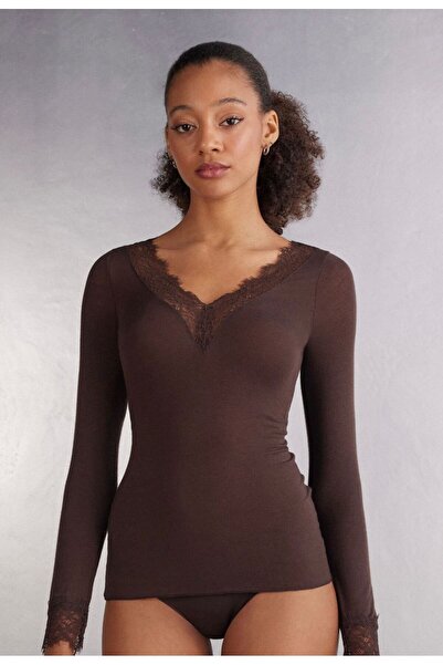 Vinales Women's Lace Ultra Light Modal Cashmere Blend Blouse - Brown