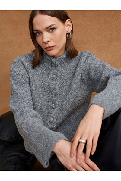 Dilvin 60995 Mock Neck Button Knitwear Cardigan-Smoked M.