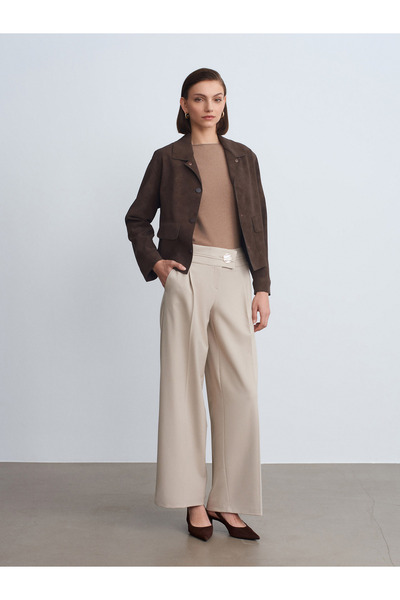 Dilvin 72244 Gold Button Wide Leg Trousers-Stone