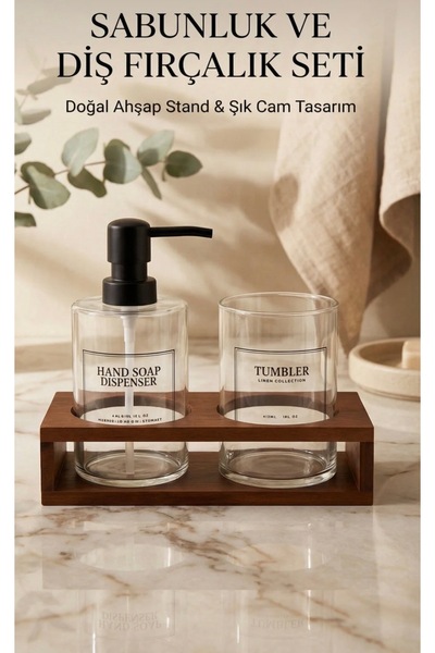 Twins Candle Design Akasya Stantlı Tumbler Cam Sabunluk ve Diş Fırçalık Seti,...