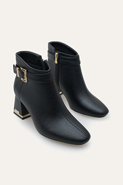 Women Lay-z Women's Black Leather-Look Skin Color Square Toe 6.5 cm Heel Gold...