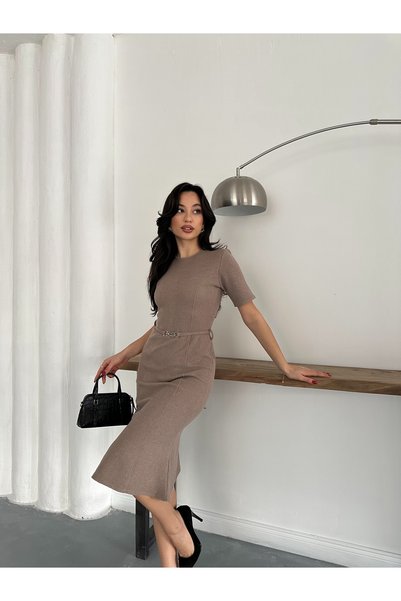 MODAMERSİ Kadın Vizon Kemer Detaylı Selanik Kumaş Elbise