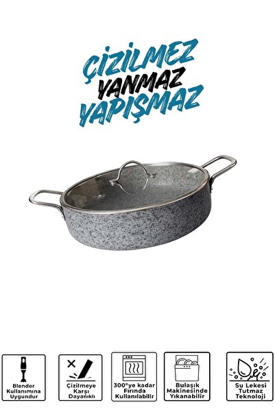 Jenisa Stone-H 28 cm Non-Scratch Fireproof Non-Stick Flat Pot - Slotted Pot w...