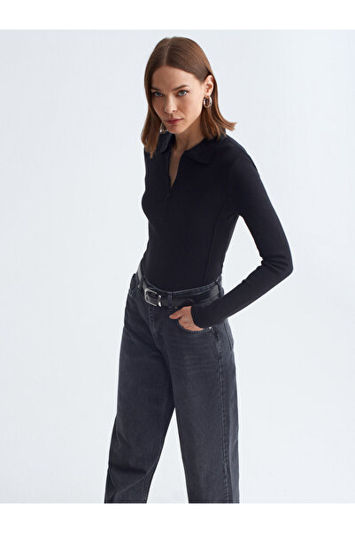 Dilvin 10862 Cashmere Blend Zippered Sweater-Black