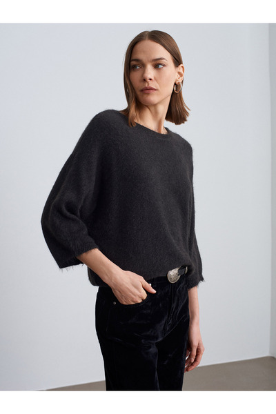 Dilvin 10852 guler rotund Pulover cu textura moale-antracit