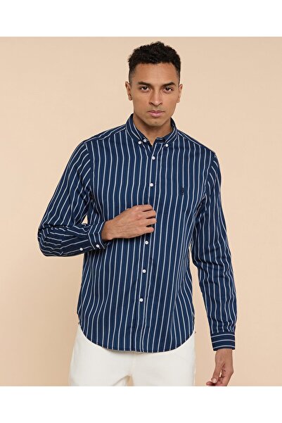 R&B Striped Shirt with Button-Down Collar and Long Sleeves