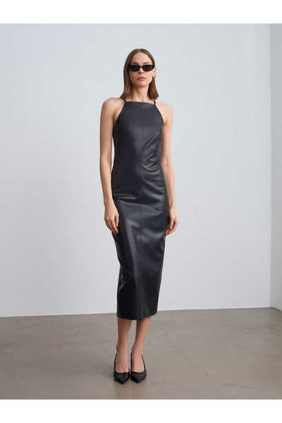 Dilvin 90935 Faux Leather Midi Dress-Black