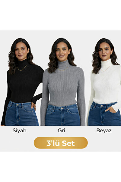 nacar çarşı Women's Turtleneck Corded Fabric Knitwear Blouse Set of 3 – White...