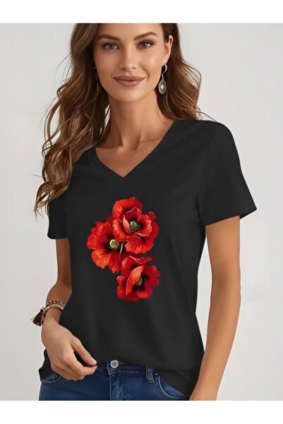 JENOLAN Tricou pentru femei cu decolteu în V Poppy Flower cu imprimeu Loose s...