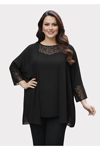 LİLAS XXL Büyük Beden Siyah Renkli Şifon Ceketli Abiye Bluz