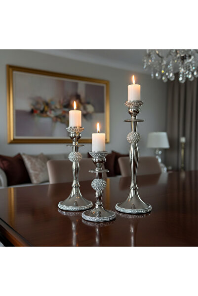 lya luxury 3’lü Dekoratif Şamdan Seti – Silver – 15/20/25 cm