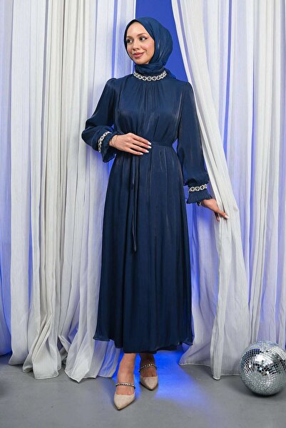 İmajButik Βραδινό φόρεμα με πέτο με μανίκια σε μπλε ναυτικό χρώμα