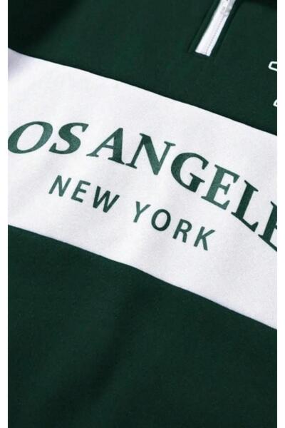 MODAGEN Unisex Yeşil Beyaz Parçalı Los Angeles Baskılı Polo Yaka Fermuarlı Oversize Sweatshirt