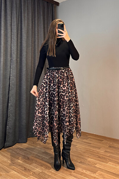 Sorridi تنورة طويلة من الشيفون بقصة غير متماثلة ونقشة الفهد