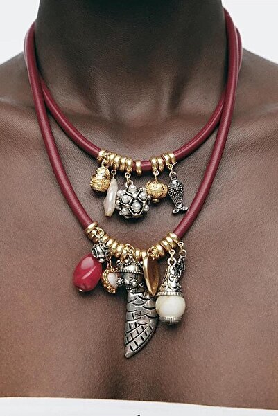 TAKIŞTIR Burgundy Color Double Design Necklace