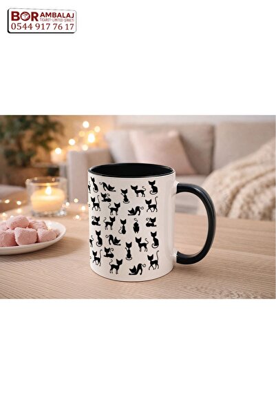 Borambalaj Cat Patterned Black Mug with Black Inside and Handle
