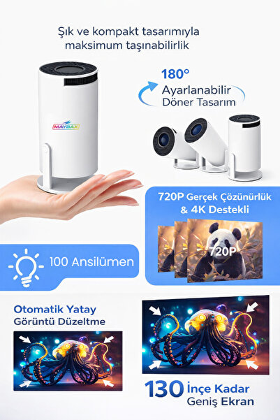 Maybax Taşınabilir Android Projeksiyon Akıllı Sinema Projektör Ultra Hd 720P BT5.0 Wİ-Fİ6 Ekran Yansıtma