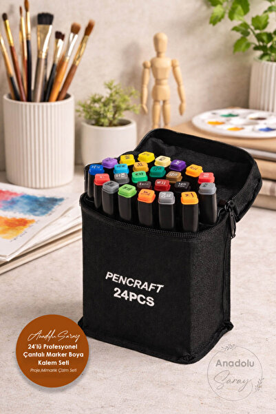 Anadolu Saray 24’lü Çift Taraflı Profesyonel Marker Kalem Seti | Taşıma Çanta...